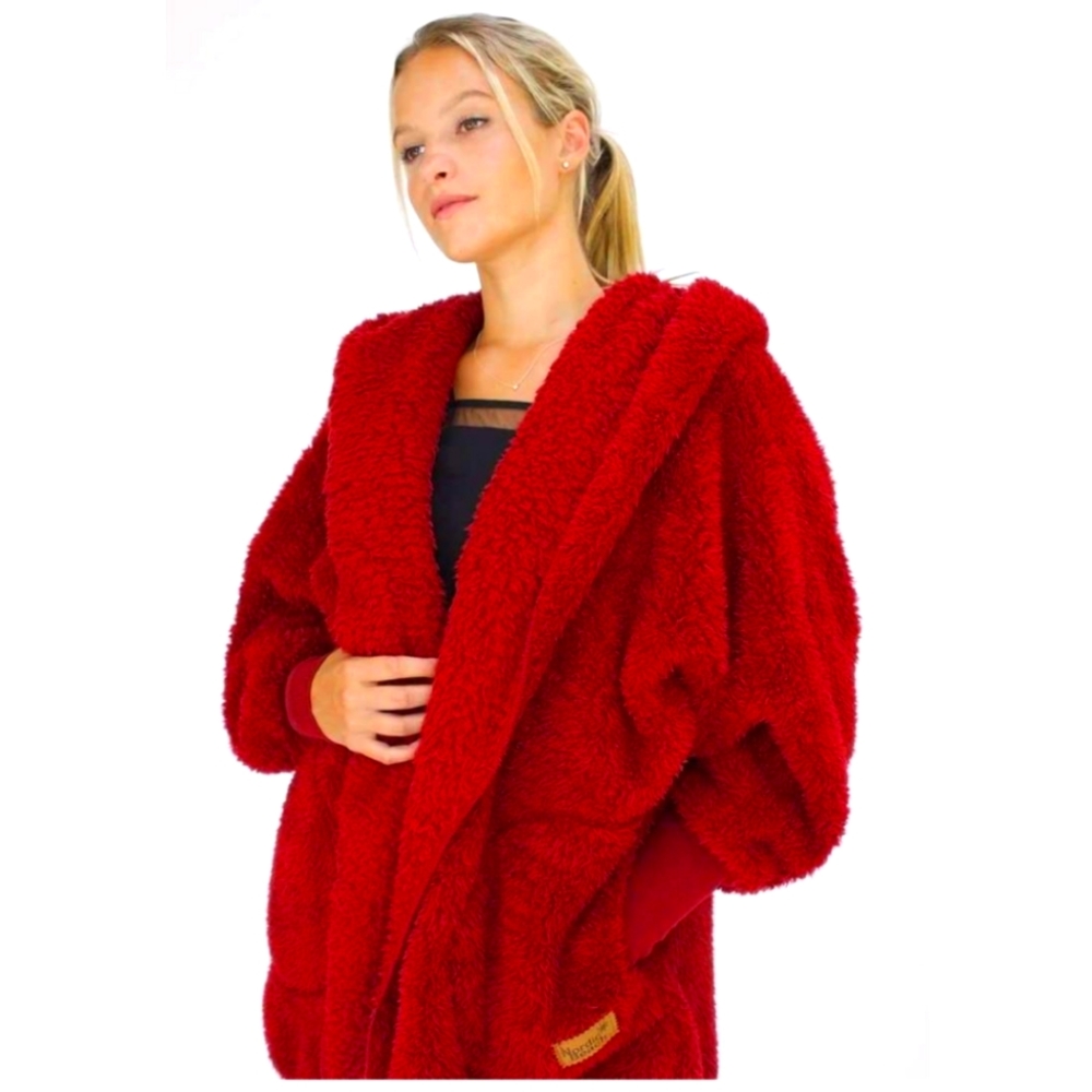 Nordic Beach Women's Red Plush Hooded Coat